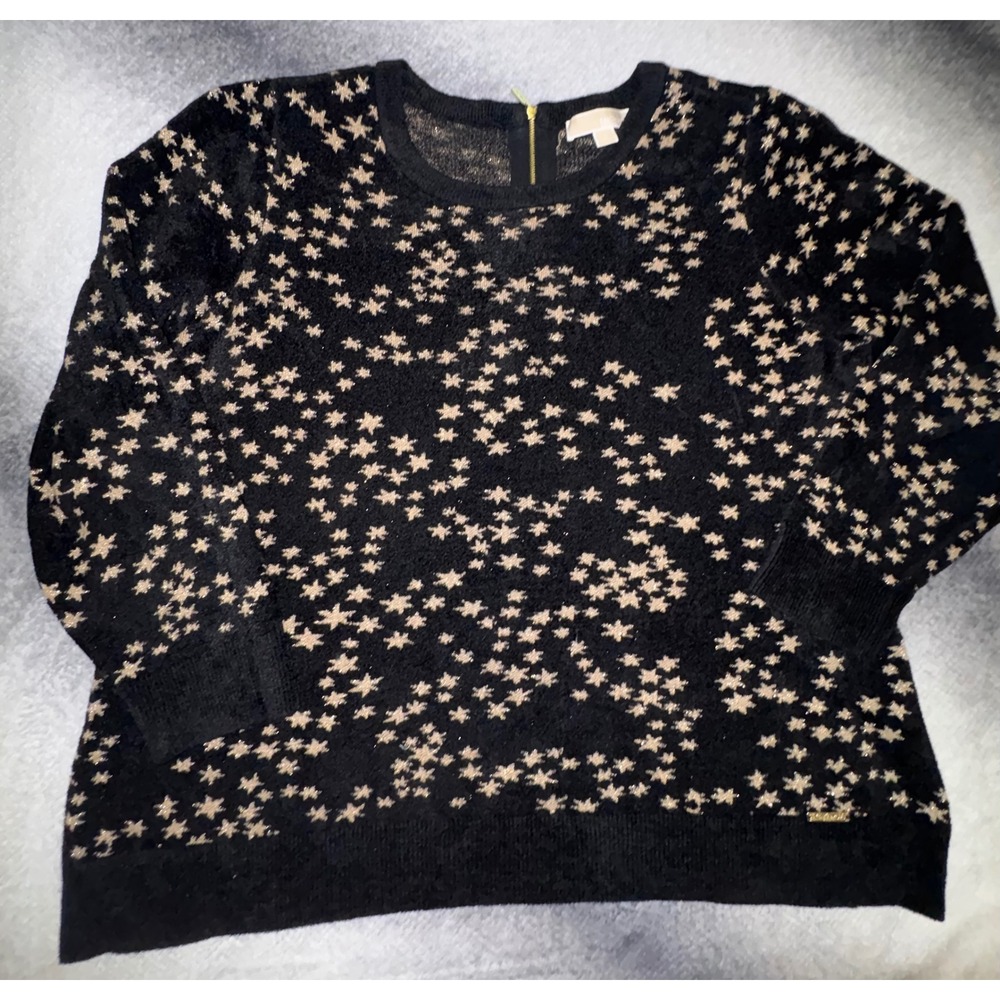 (CL) Michael Kors Womens 2X Star Print Metallic Knit Sweater Black Gold Zipper - Picture 5 of 11